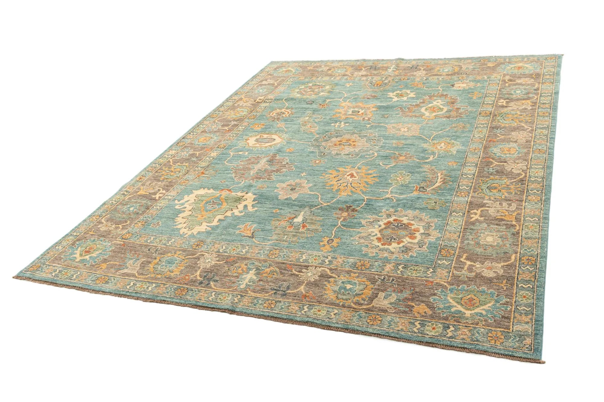 Light Aqua Oushak Hand-Knotted Wool Carpet | Handcrafted in India
