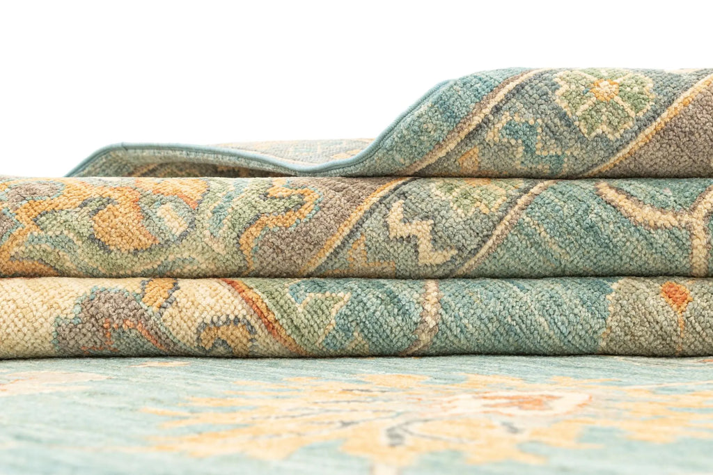 Light Aqua Oushak Hand-Knotted Wool Carpet | Handcrafted in India