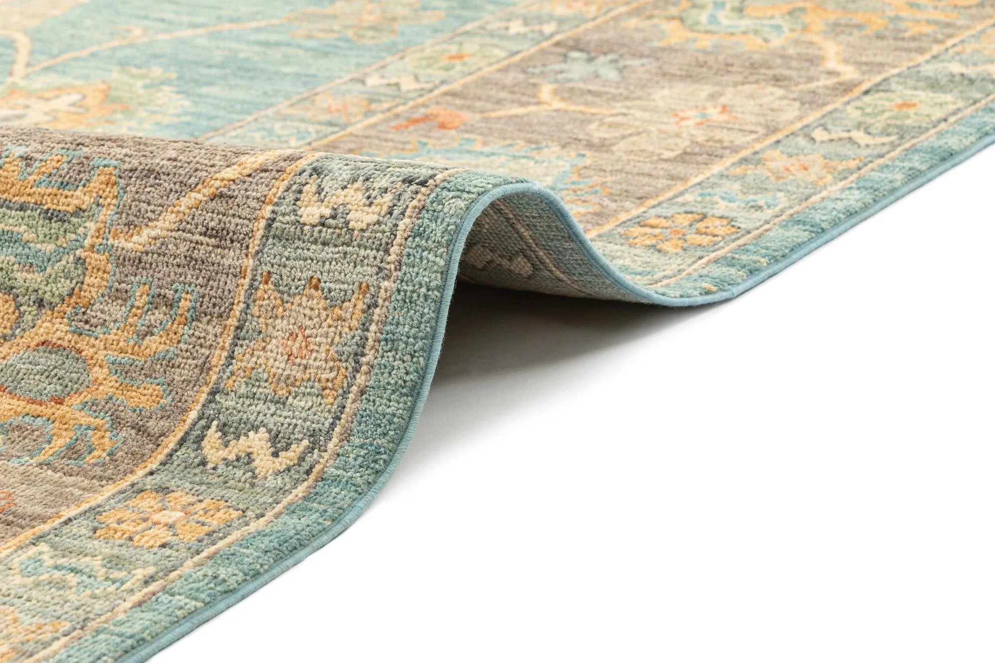 Light Aqua Oushak Hand-Knotted Wool Carpet | Handcrafted in India