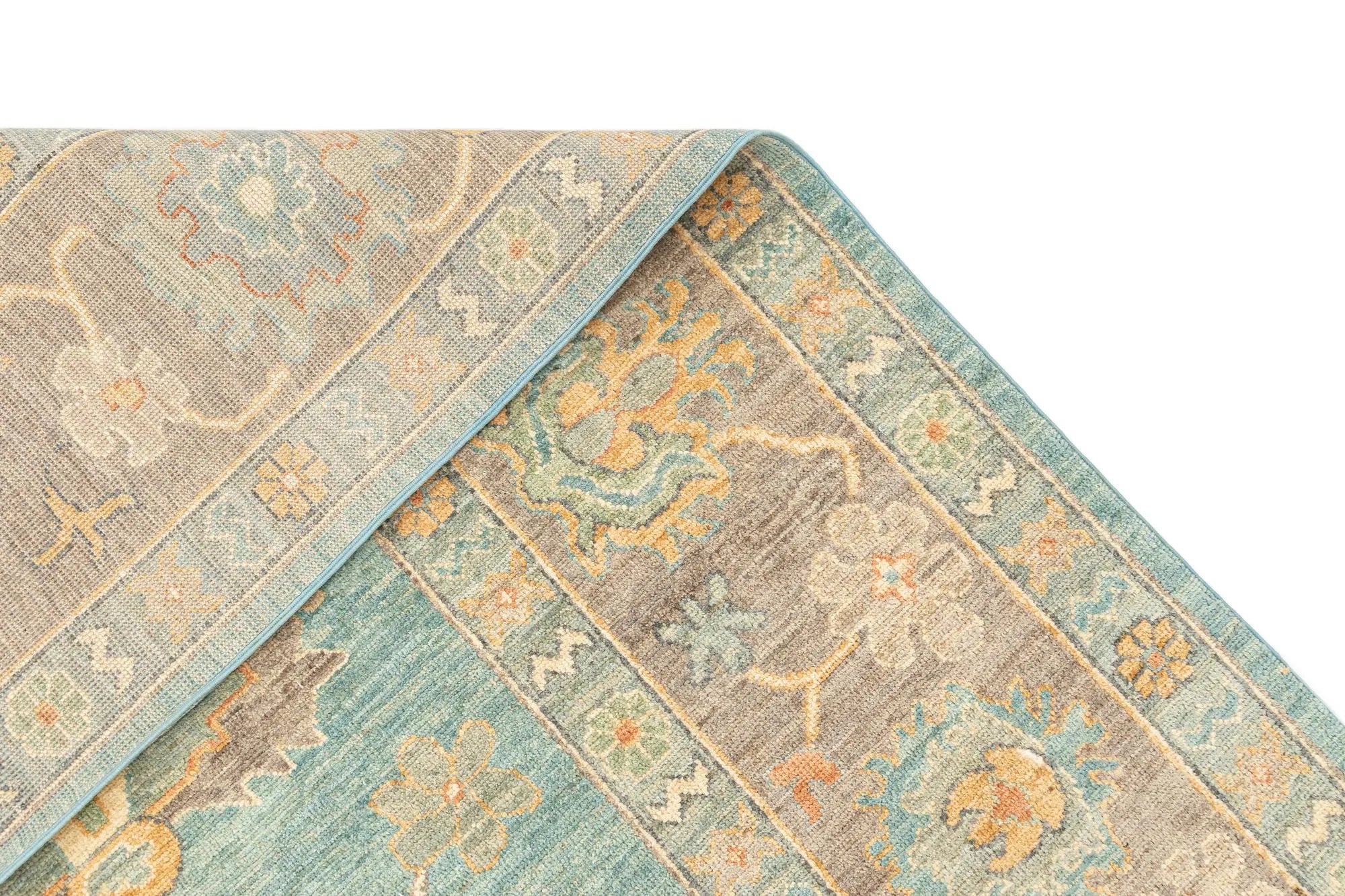 Light Aqua Oushak Hand-Knotted Wool Carpet | Handcrafted in India