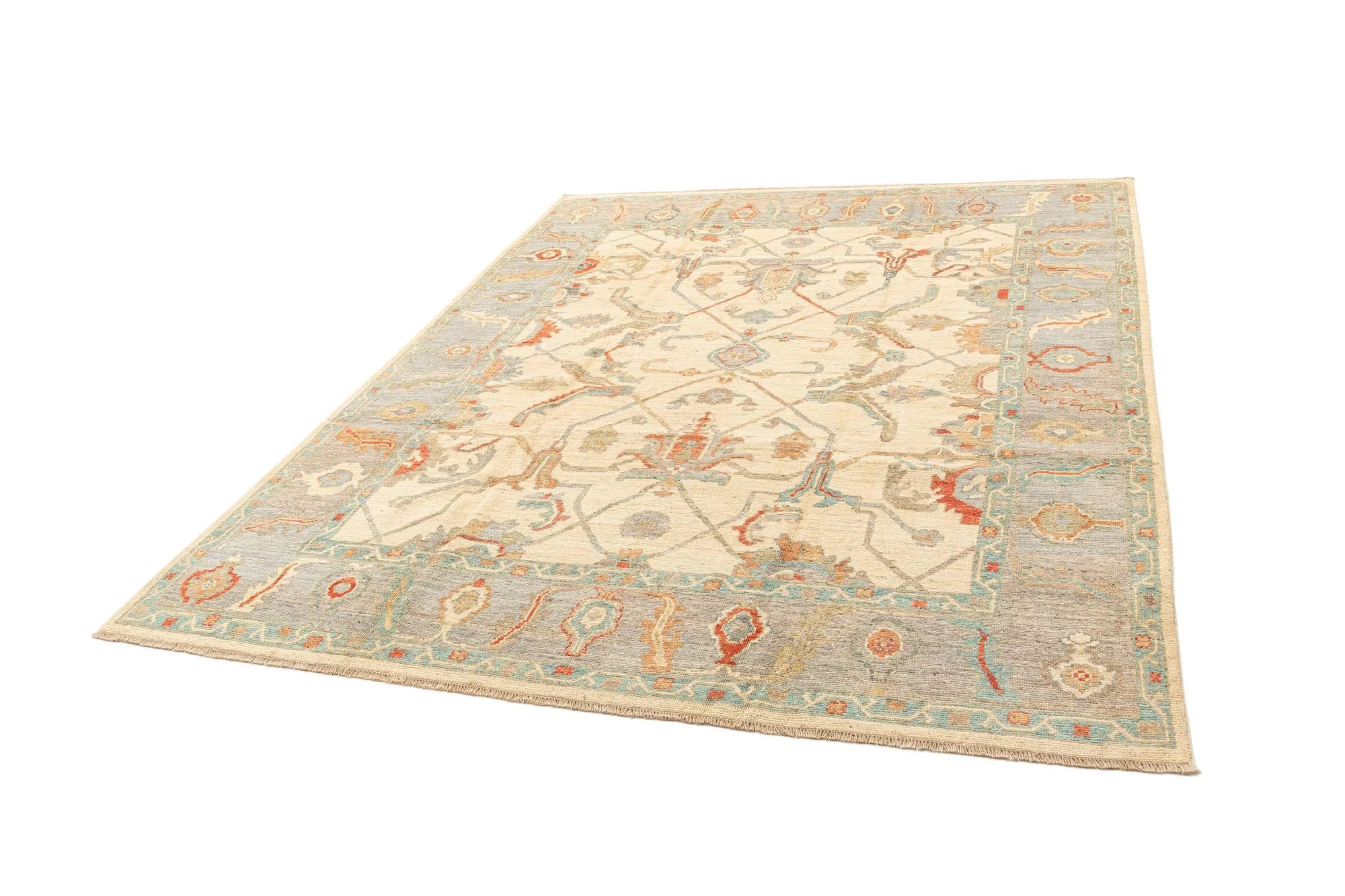Pale Gold Oushak Hand-Knotted Wool Carpet | Handcrafted in India