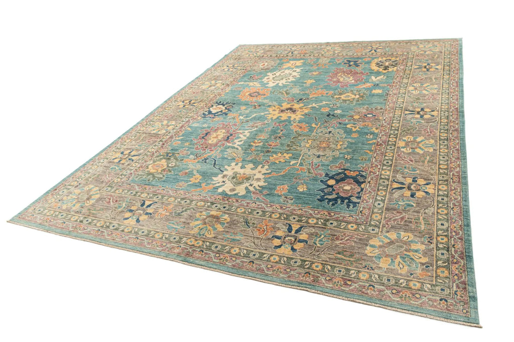 Light Aqua Color Oushak Hand-Knotted Wool Carpet | Handcrafted in India
