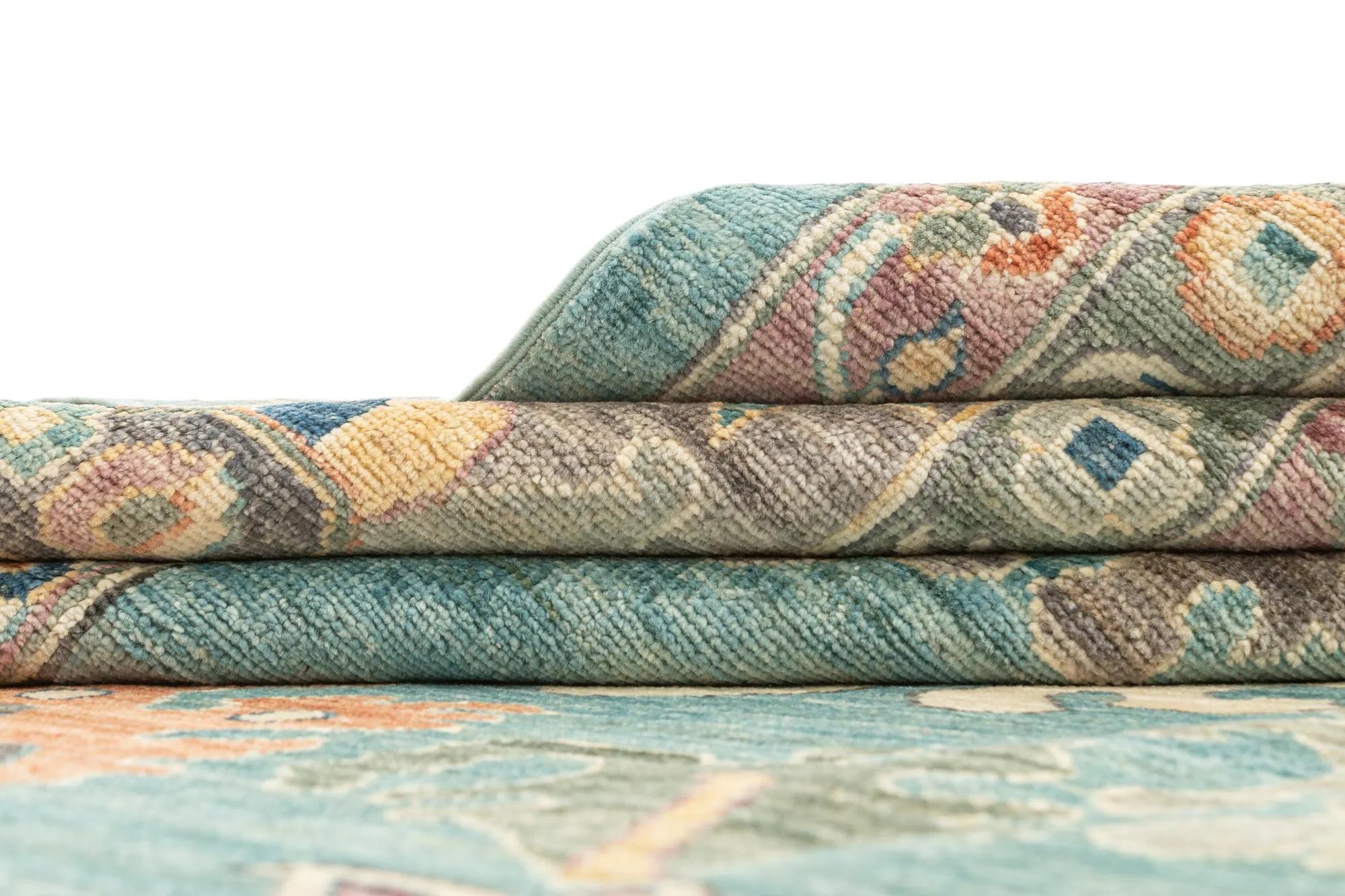 Light Aqua Color Oushak Hand-Knotted Wool Carpet | Handcrafted in India