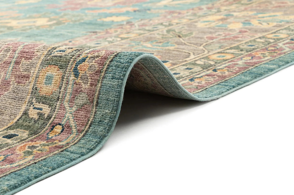 Light Aqua Color Oushak Hand-Knotted Wool Carpet | Handcrafted in India