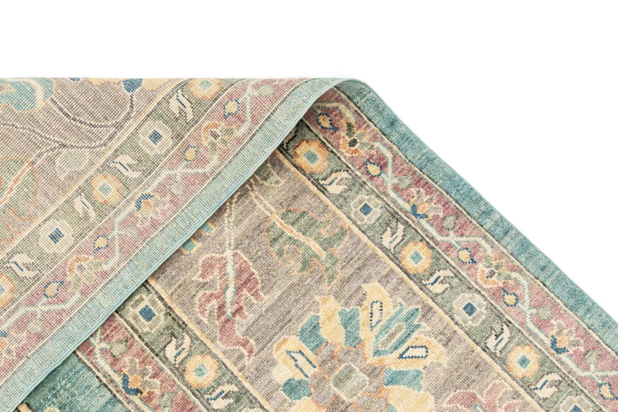 Light Aqua Color Oushak Hand-Knotted Wool Carpet | Handcrafted in India