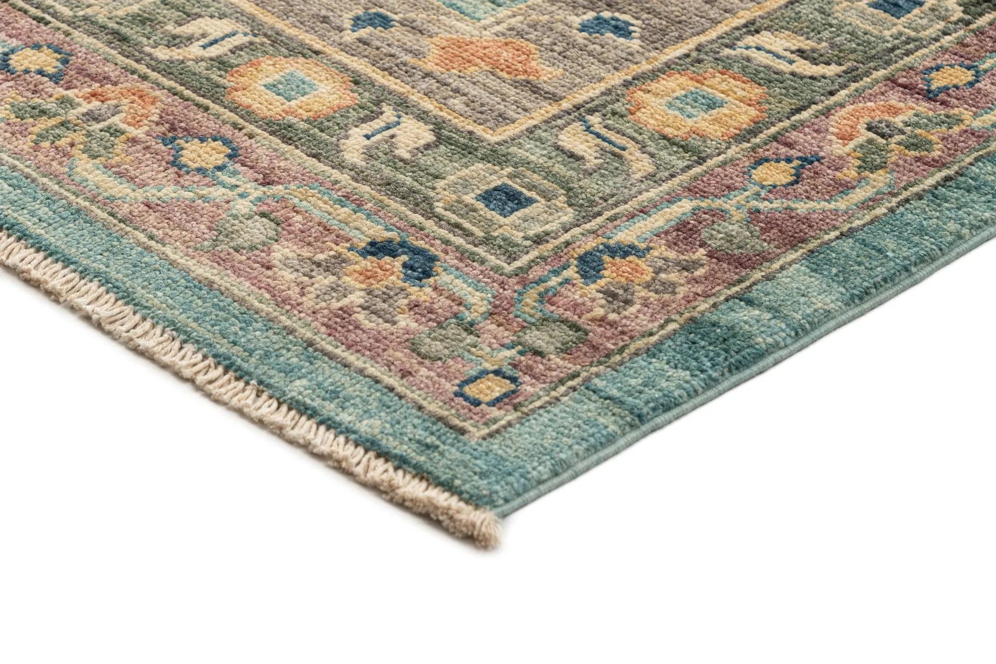 Light Aqua Color Oushak Hand-Knotted Wool Carpet | Handcrafted in India