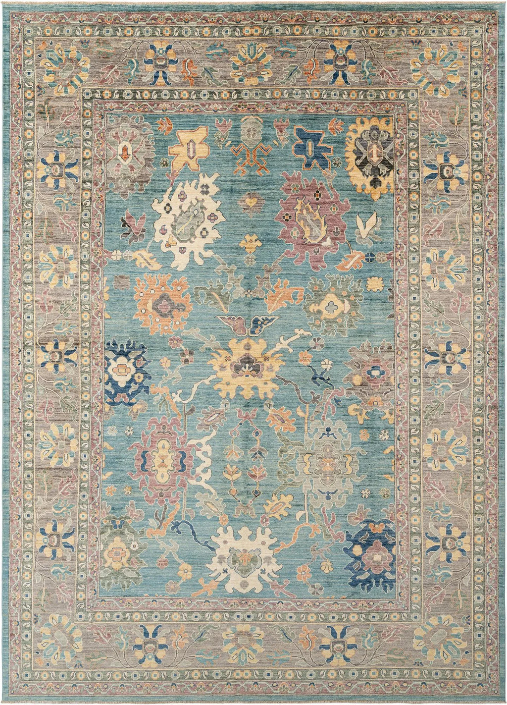Light Aqua Color Oushak Hand-Knotted Wool Carpet | Handcrafted in India