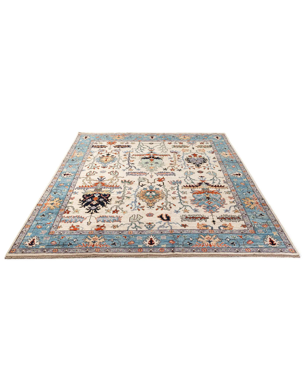 Cream Oushak Hand-Knotted Wool Carpet | Handcrafted in India