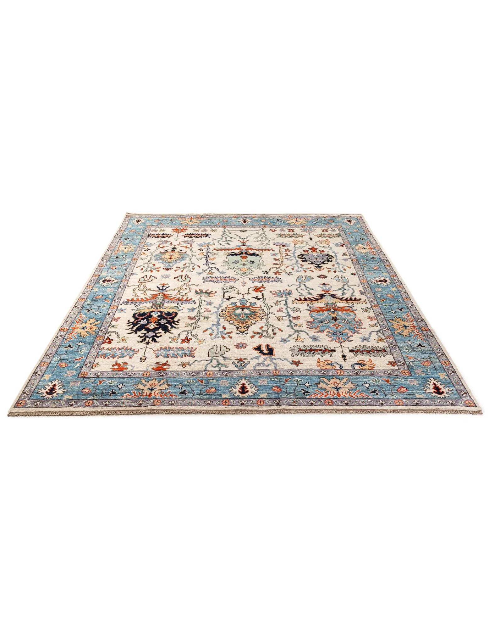 Cream Oushak Hand-Knotted Wool Carpet | Handcrafted in India
