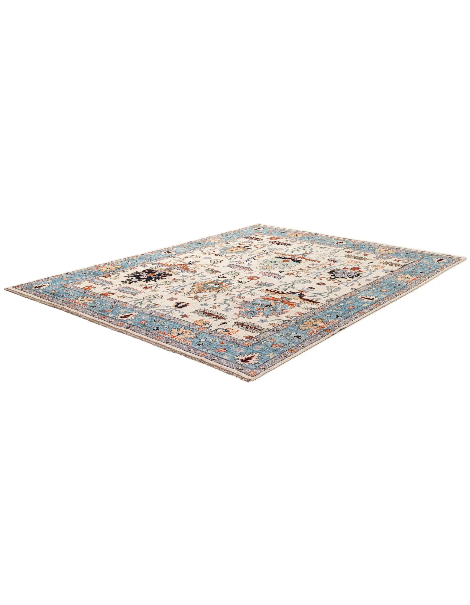 Cream Oushak Hand-Knotted Wool Carpet | Handcrafted in India